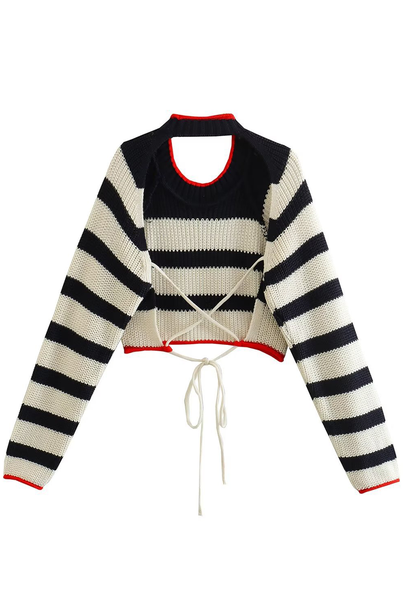 Edurne® | Casual striped backless contrast lace-up O-neck sweaters