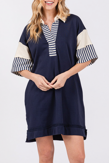 Encarni® | Casual striped pocket patchwork turn-down collar short sleeve short dress