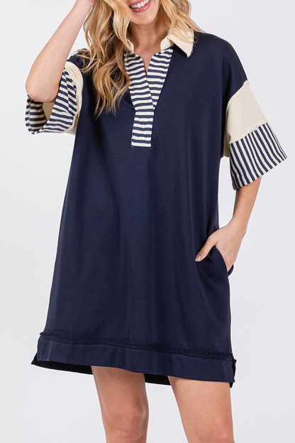 Encarni® | Casual striped pocket patchwork turn-down collar short sleeve short dress