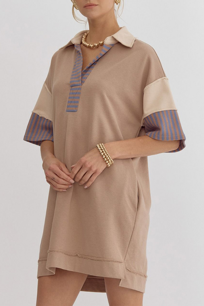 Encarni® | Casual striped pocket patchwork turn-down collar short sleeve short dress