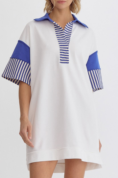 Encarni® | Casual striped pocket patchwork turn-down collar short sleeve short dress