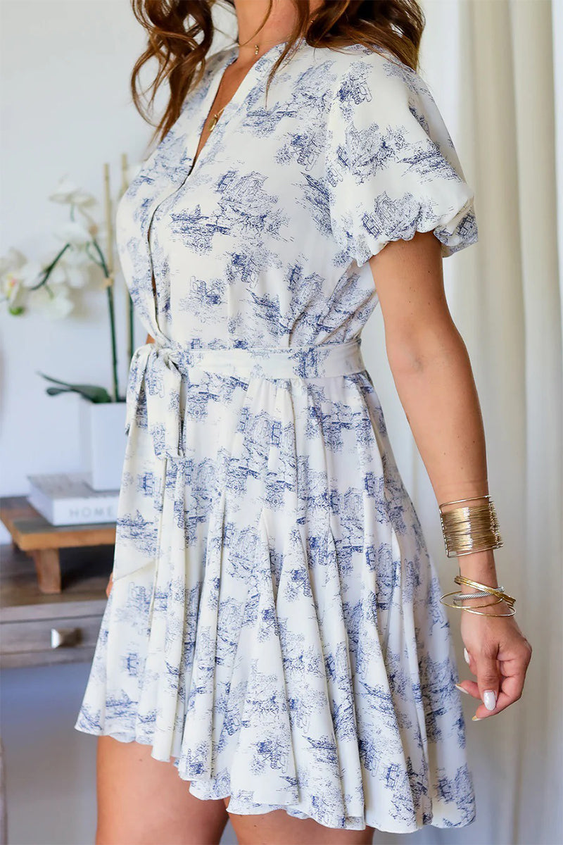 Victoria® | Daily elegant landscape print lace-up V-neck A-line dress