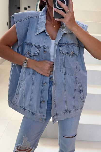 Griselda® | Casual denim jacket with distressed buttons, turn-down collar, sleeveless, loose