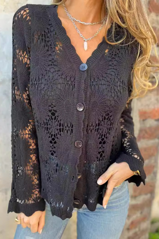 Lea® | Casual lace blouses with hollowed out buttons and V-neck