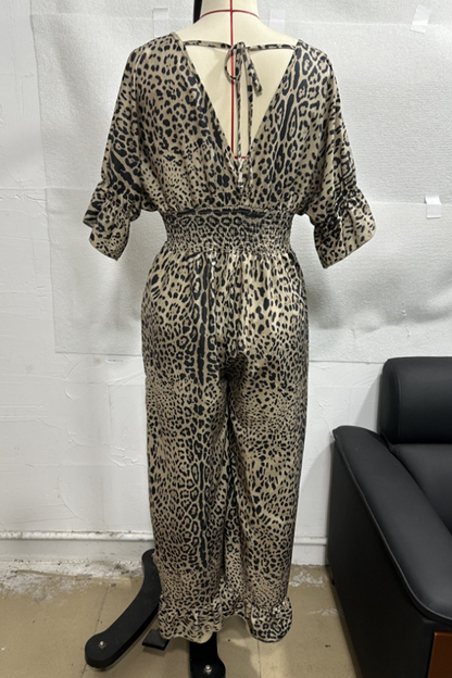Lena® | Casual loose jumpsuits with leopard contrast and V-neck