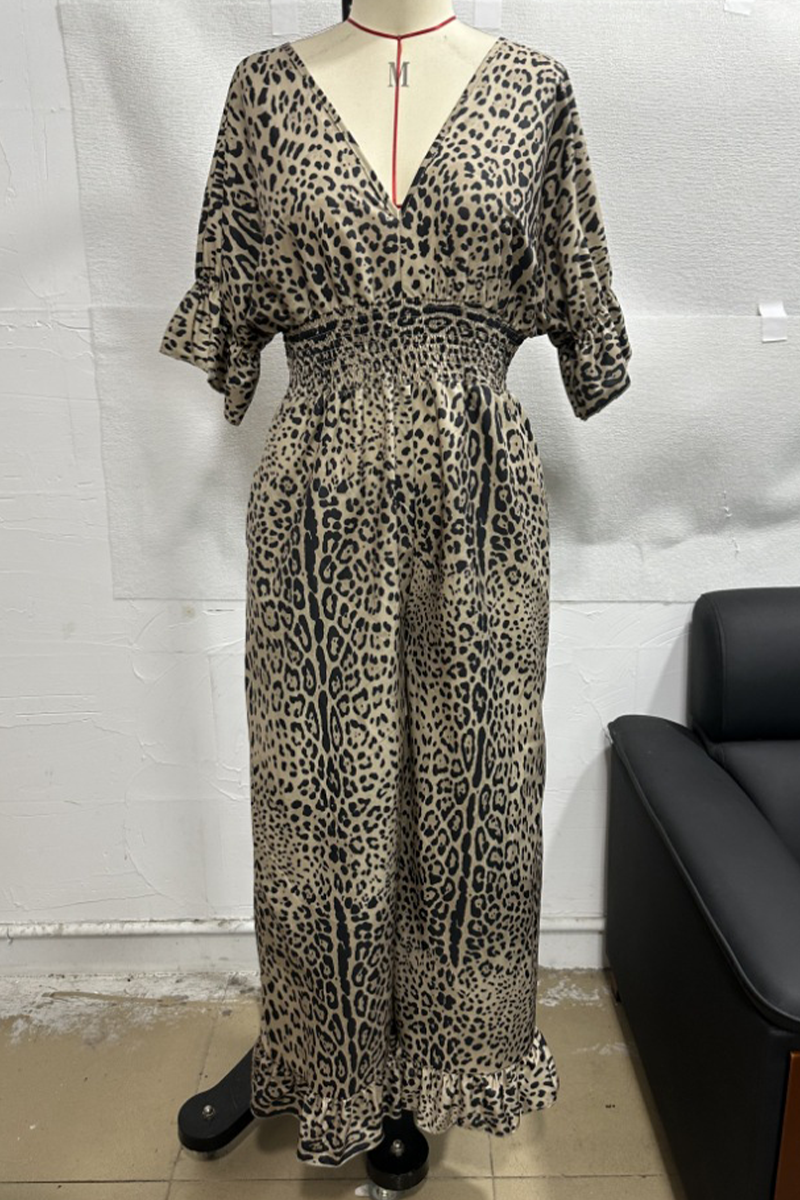 Lena® | Casual loose jumpsuits with leopard contrast and V-neck