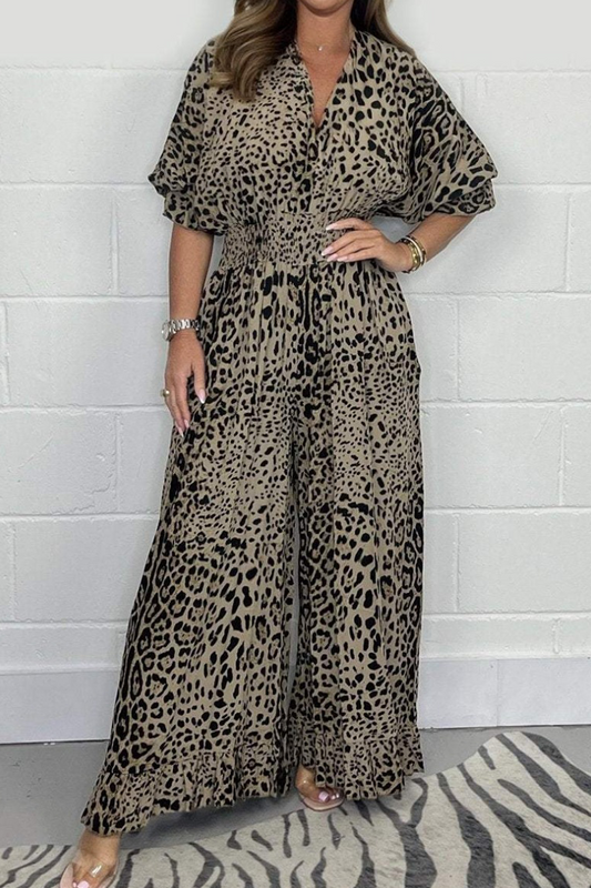 Lena® | Casual loose jumpsuits with leopard contrast and V-neck