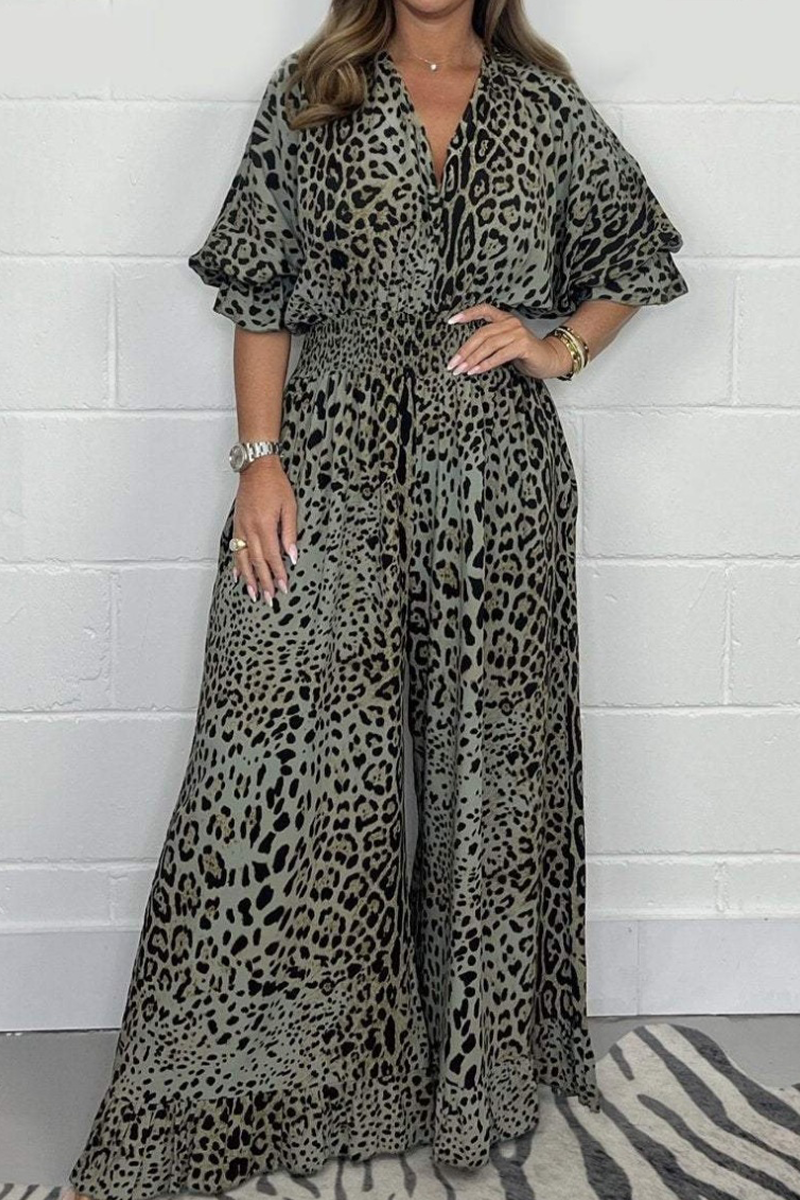 Lena® | Casual loose jumpsuits with leopard contrast and V-neck