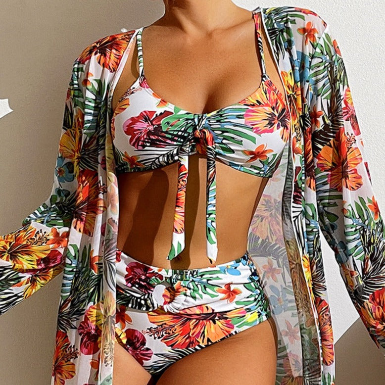 Avenela® | 3-Piece Bikini With Flowers And Robe