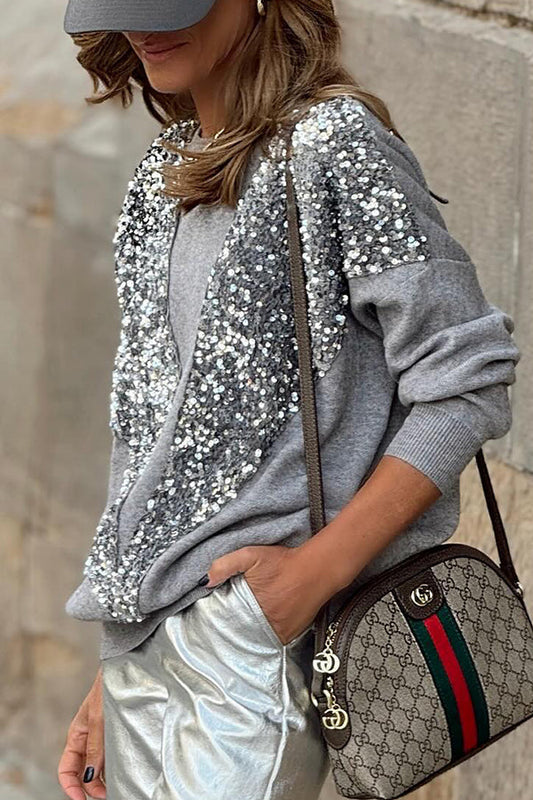 Lena® | V-shaped sequined pullover sweatshirt top