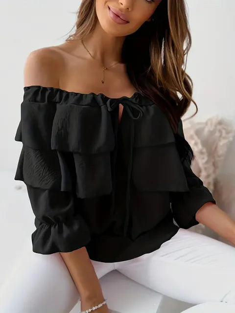 Leonor® | Women'S Blouse Made Of Loose Chiffon With Off-The-Shoulder Flounces And Elastic Shoulder Strap