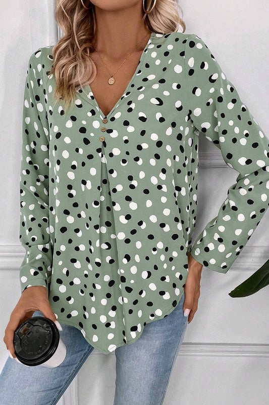Aelwen® | Polka dot blouse with button front and V-neck