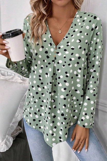 Aelwen® | Polka dot blouse with button front and V-neck