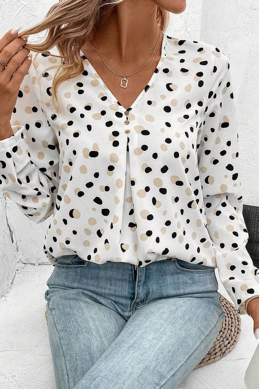 Aelwen® | Polka dot blouse with button front and V-neck