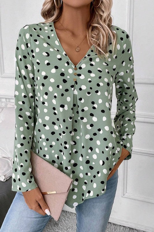 Aelwen® | Polka dot blouse with button front and V-neck