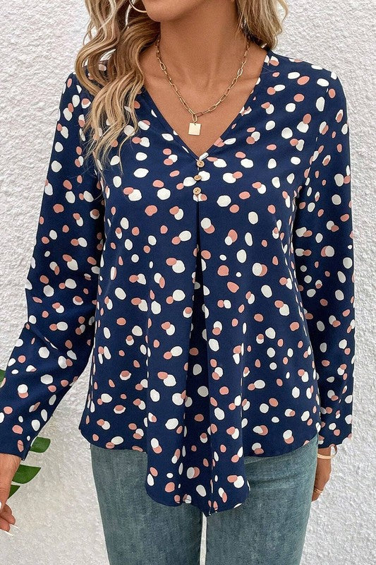 Aelwen® | Polka dot blouse with button front and V-neck