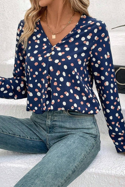 Aelwen® | Polka dot blouse with button front and V-neck