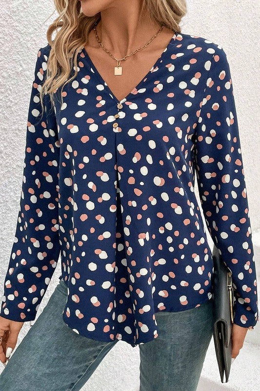 Aelwen® | Polka dot blouse with button front and V-neck