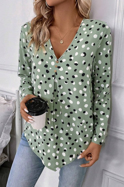 Aelwen® | Polka dot blouse with button front and V-neck