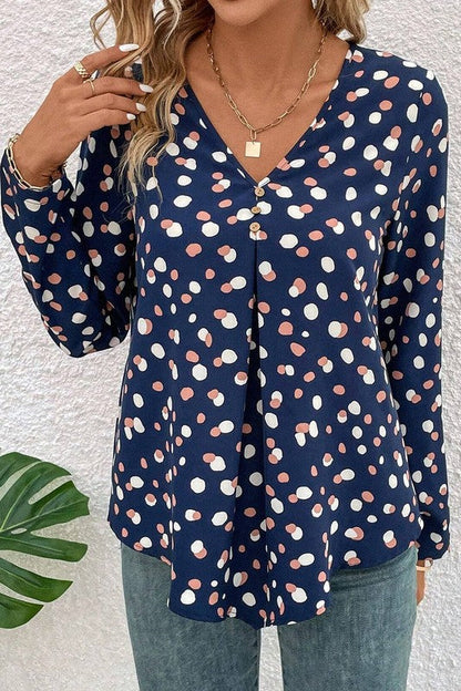 Aelwen® | Polka dot blouse with button front and V-neck
