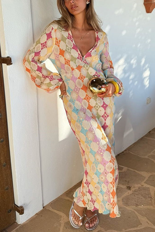 Adriana® | V-Neck Lantern Sleeves Geometric Print Maxi Dress