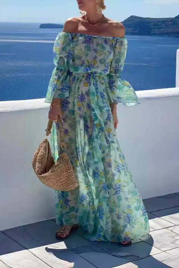 Liam® | Joyful Journeys floral print off shoulder maxi dress with elastic waist and ruffles