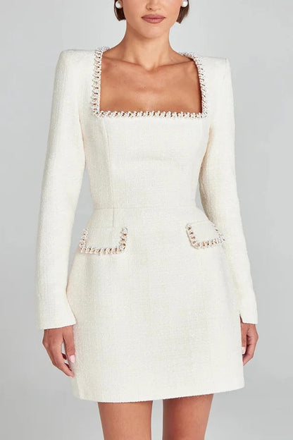 Lexi® | Girly and glamorous mini dress in tweed fabric with beaded trim, long slit sleeves and pockets