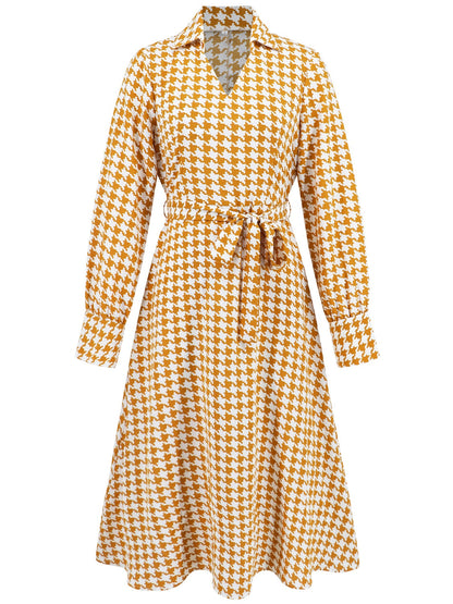 Abigail® | Long sleeve houndstooth lace-up midi dress