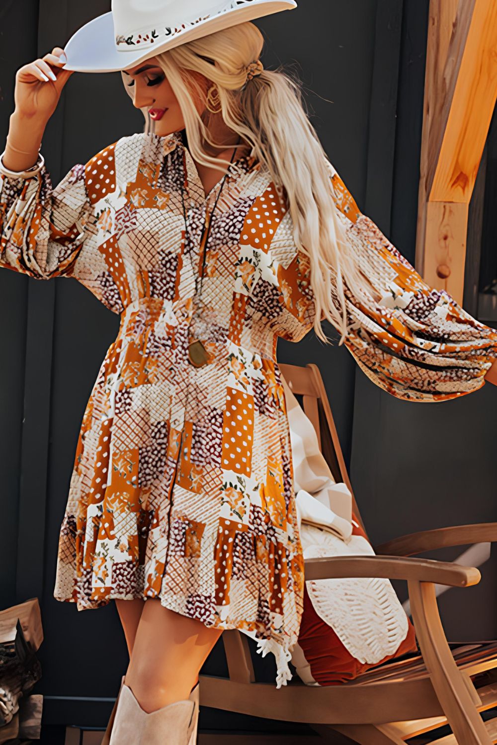 Luz® | Printed mini shirt dress with collar and three-quarter sleeves