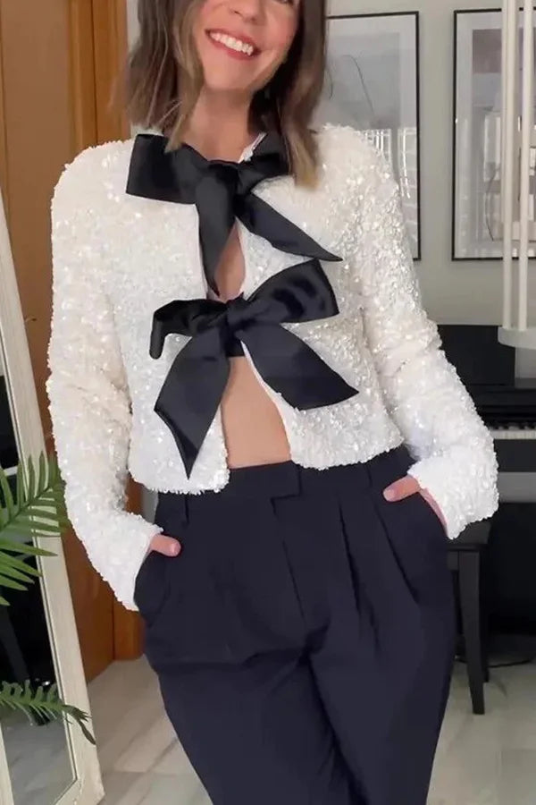 Leslie® | Two ways to celebrate a jacket with a bow and sequins at the front