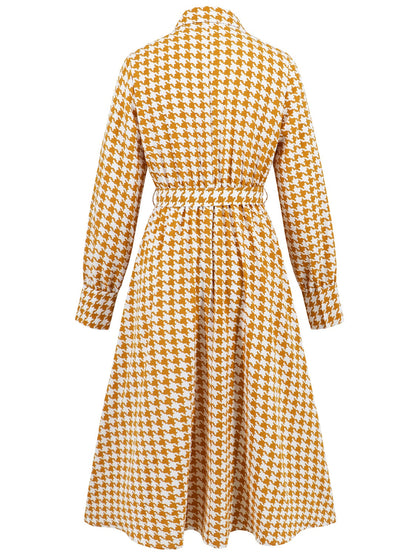 Abigail® | Long sleeve houndstooth lace-up midi dress