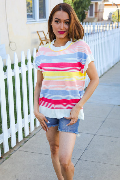 Lyra® | Feeling Playful Blue and fuchsia striped short sleeve knit top
