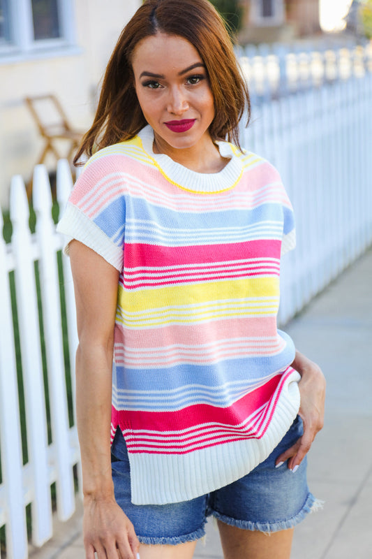 Lyra® | Feeling Playful Blue and fuchsia striped short sleeve knit top