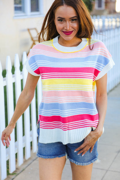 Lyra® | Feeling Playful Blue and fuchsia striped short sleeve knit top