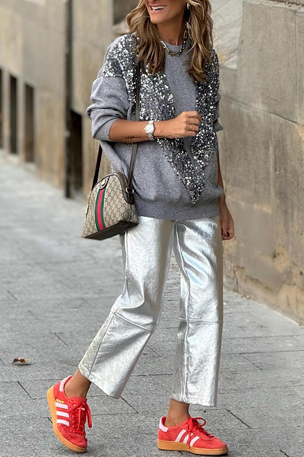 Lena® | V-shaped sequined pullover sweatshirt top