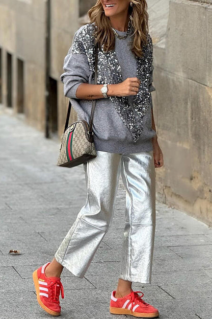 Lena® | V-shaped sequined pullover sweatshirt top