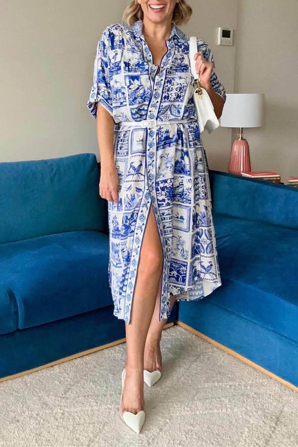 Leonor® | Unique midi dress with Greek floral print and button front