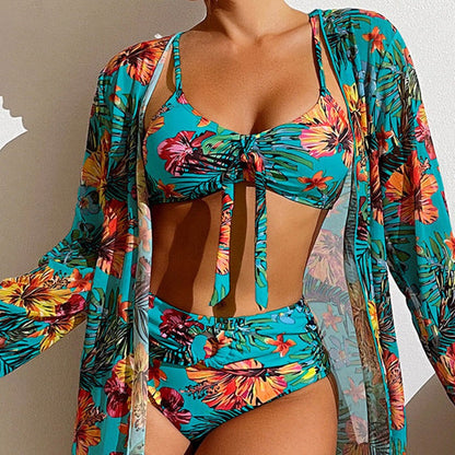 Avenela® | 3-Piece Bikini With Flowers And Robe