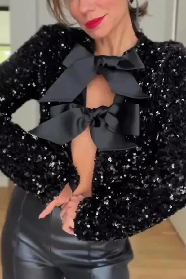 Leslie® | Two ways to celebrate a jacket with a bow and sequins at the front