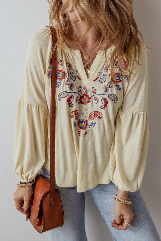 Leonie® | Embroidered long sleeve blouse with notches
