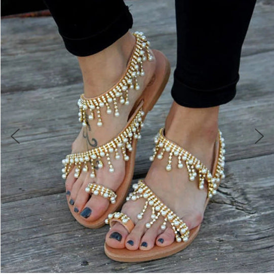 Pia® | Sandals Flat Pearl Comfortable String Beaded Slippers