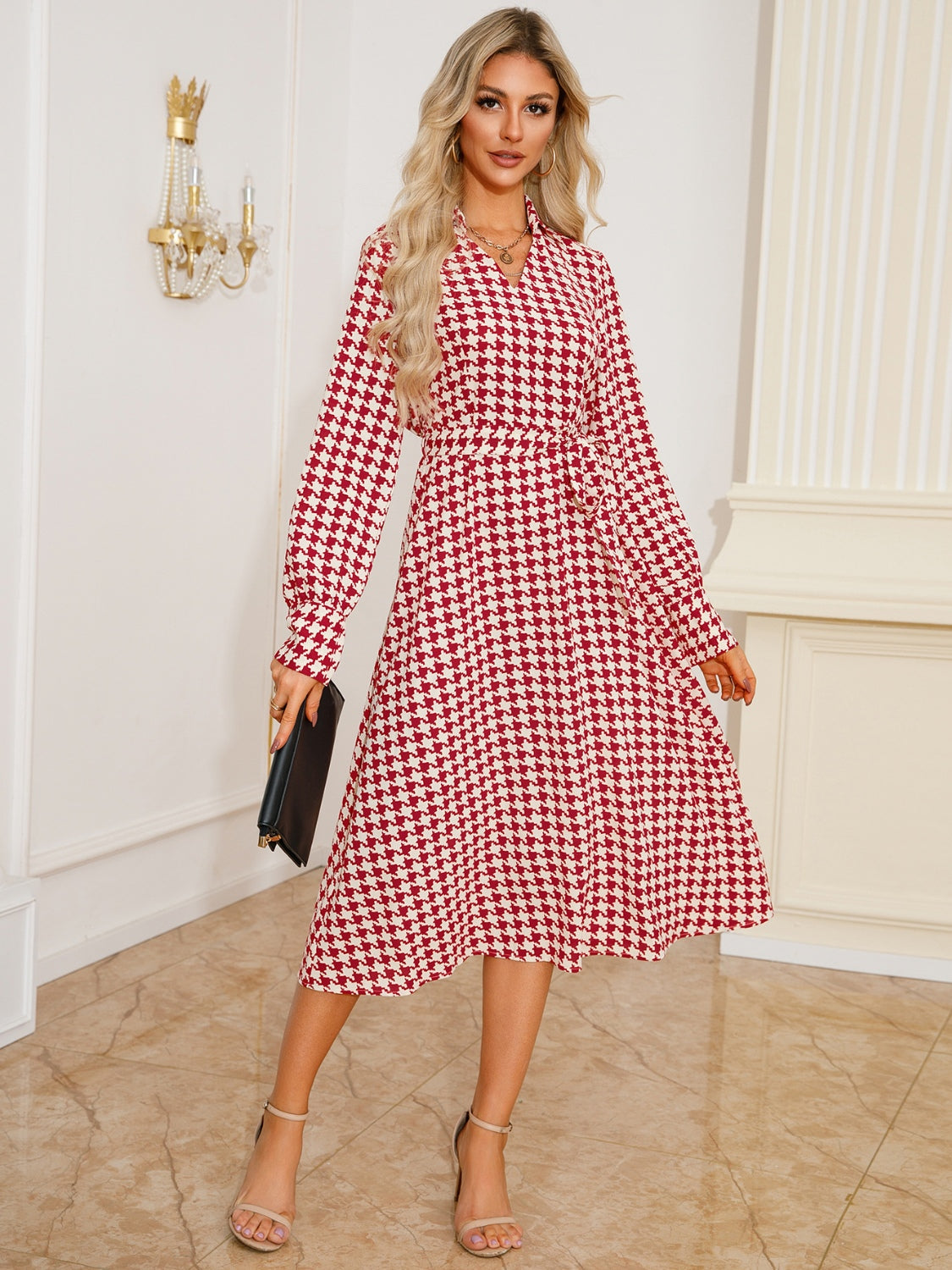 Abigail® | Long sleeve houndstooth lace-up midi dress