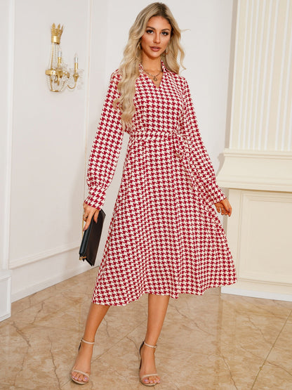 Abigail® | Long sleeve houndstooth lace-up midi dress