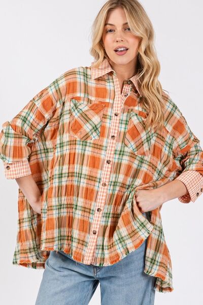 Aelwen® | Checked button-down long sleeve shirt with side slit