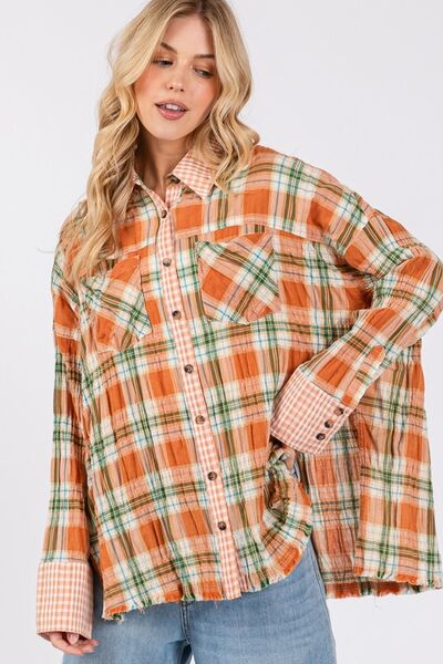 Aelwen® | Checked button-down long sleeve shirt with side slit