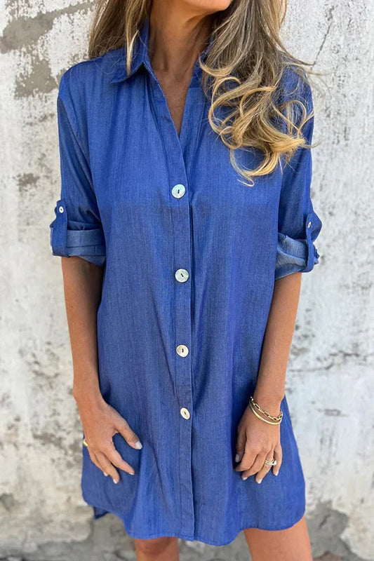 Luz® | Casual mid-length button-up shirt made from solid-color faux denim
