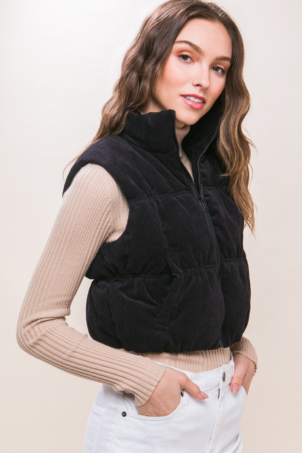 Lena® | Love Tree corduroy puffer vest with zip and pockets