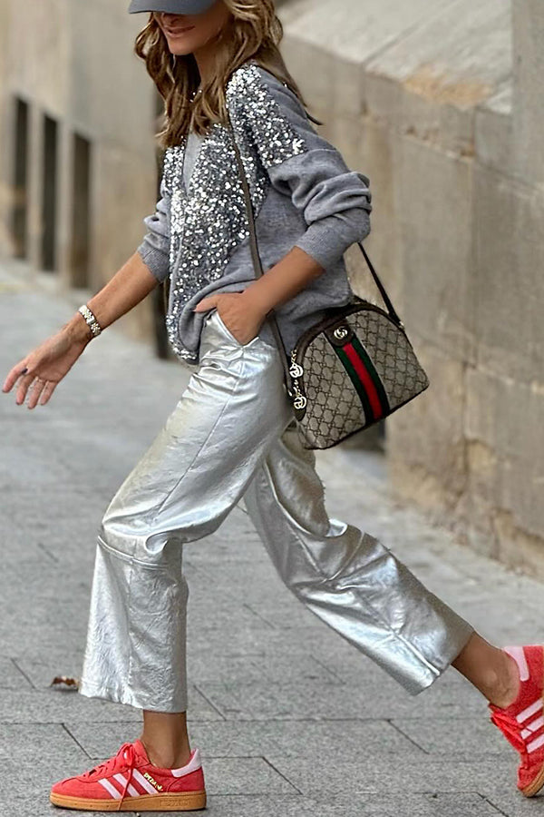 Lena® | V-shaped sequined pullover sweatshirt top