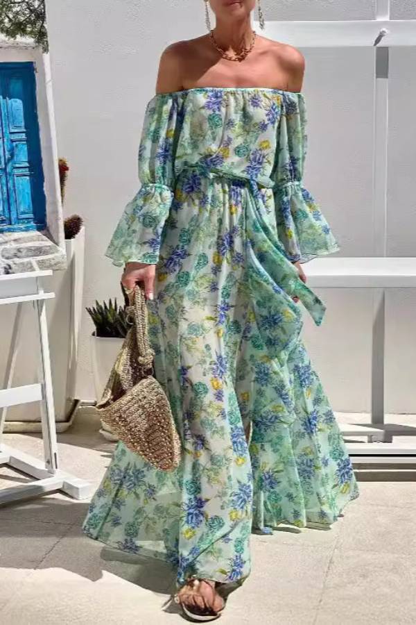 Liam® | Joyful Journeys floral print off shoulder maxi dress with elastic waist and ruffles