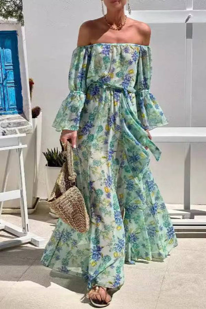 Liam® | Joyful Journeys floral print off shoulder maxi dress with elastic waist and ruffles